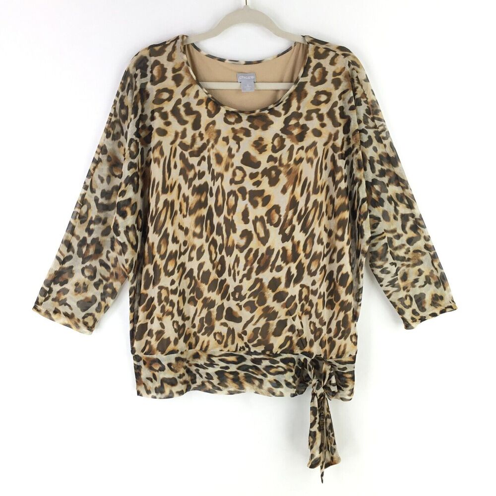 Chico's Ocelot Animal Print Mesh Top sz 3 US XL Bateau Neck 3/4 Sleeve Stretch